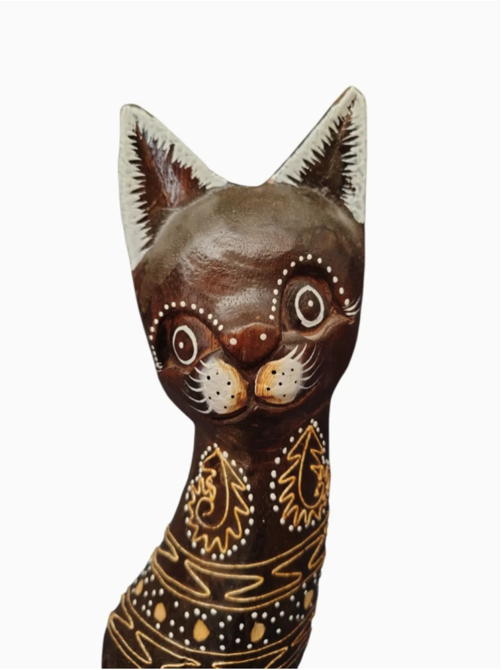 Folk Art Hand Painted Wood Sitting Cat Figurine Brown tribal Indonesia 15.5